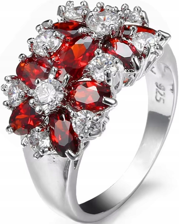 Stříbrný Prstýnek s rubíny, kubickými zirkony, květinami, chirurgická Ocel