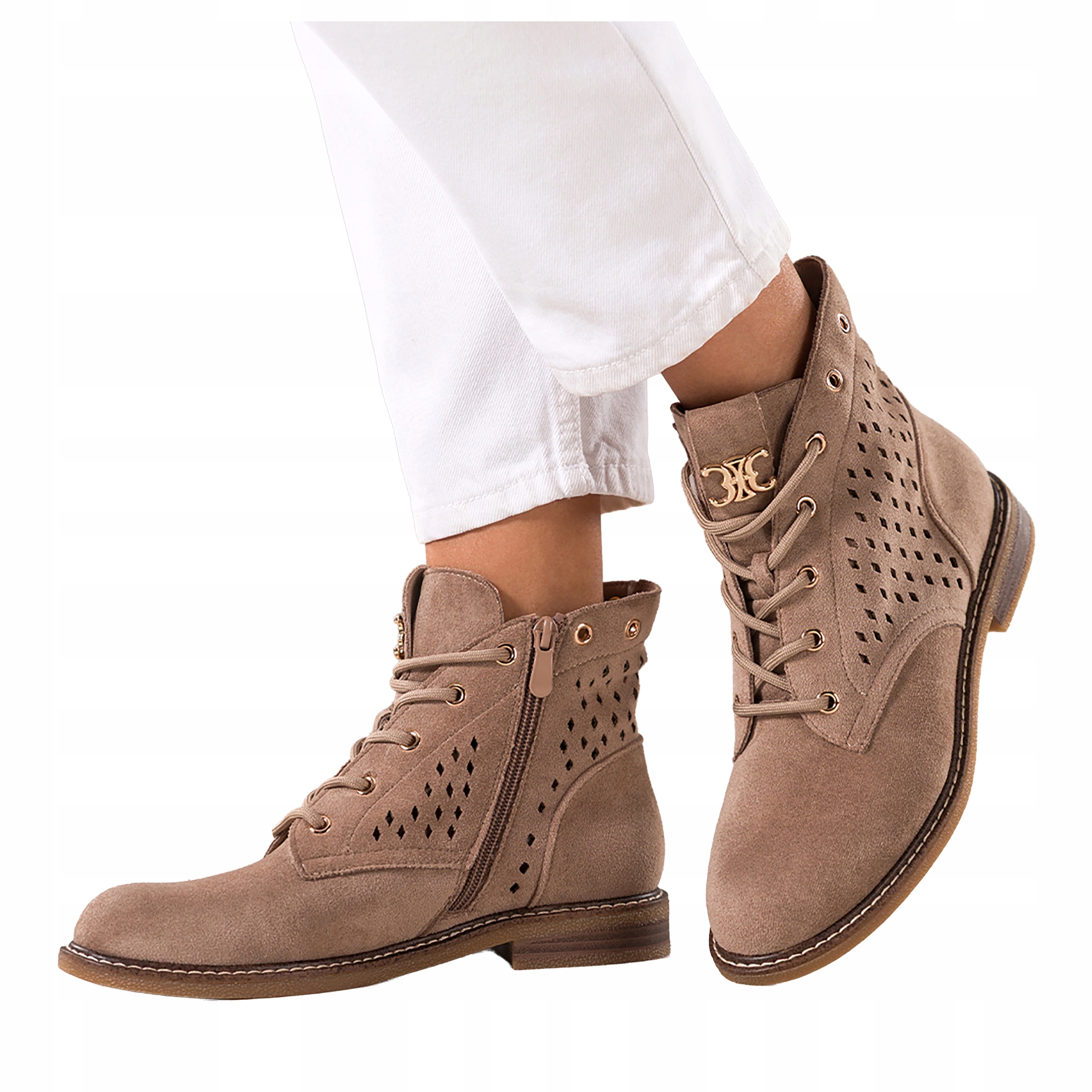 Kotníkové Boty Tmavě béžové Dámské Ažurové Ploché Šněrovací Zlaté Ozdoba r 37