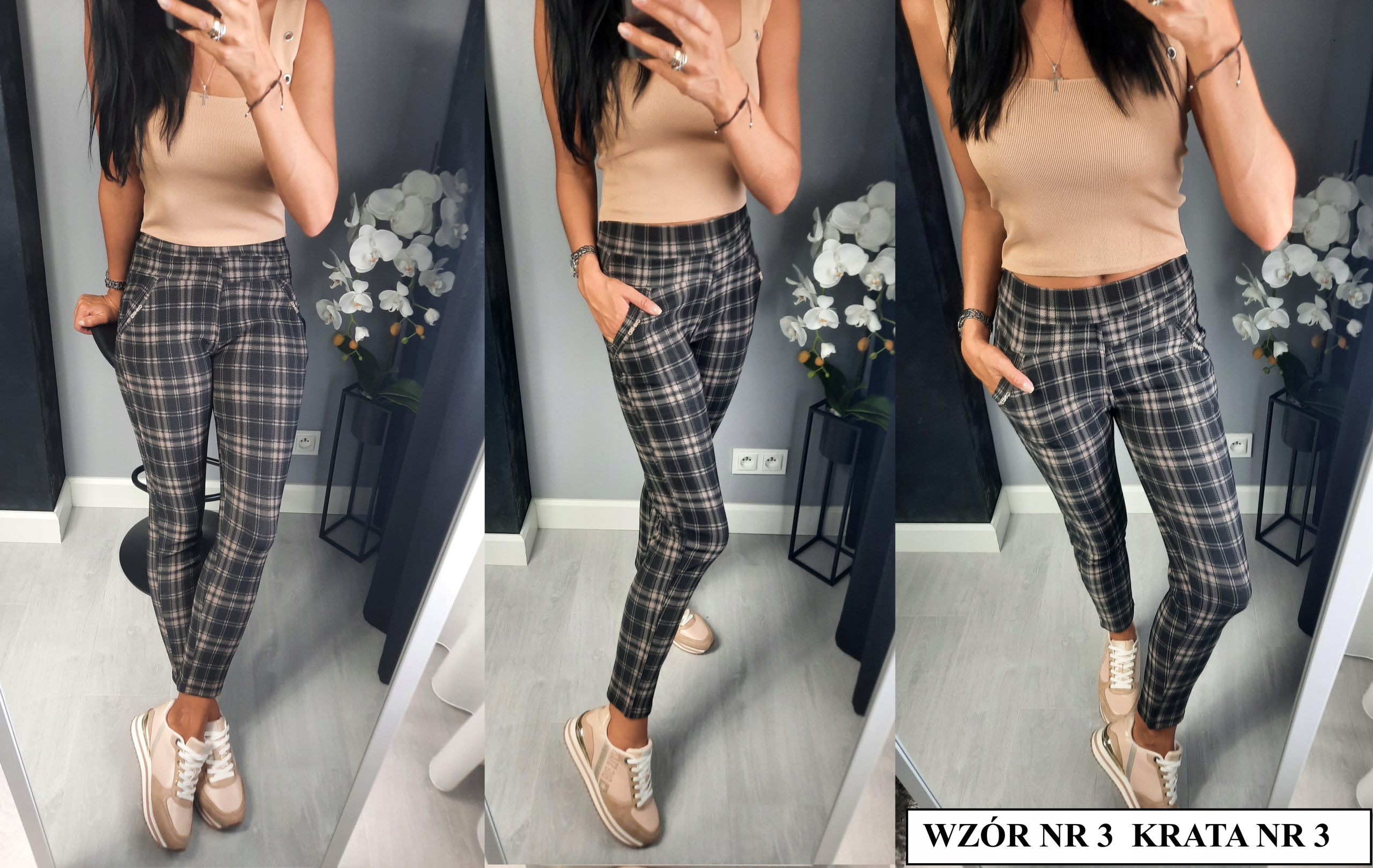 Elastyczne spodnie, cygaretki w kratę RÓŻNE KOLORKI XXL_44 Stan (wysokość w pasie) średni