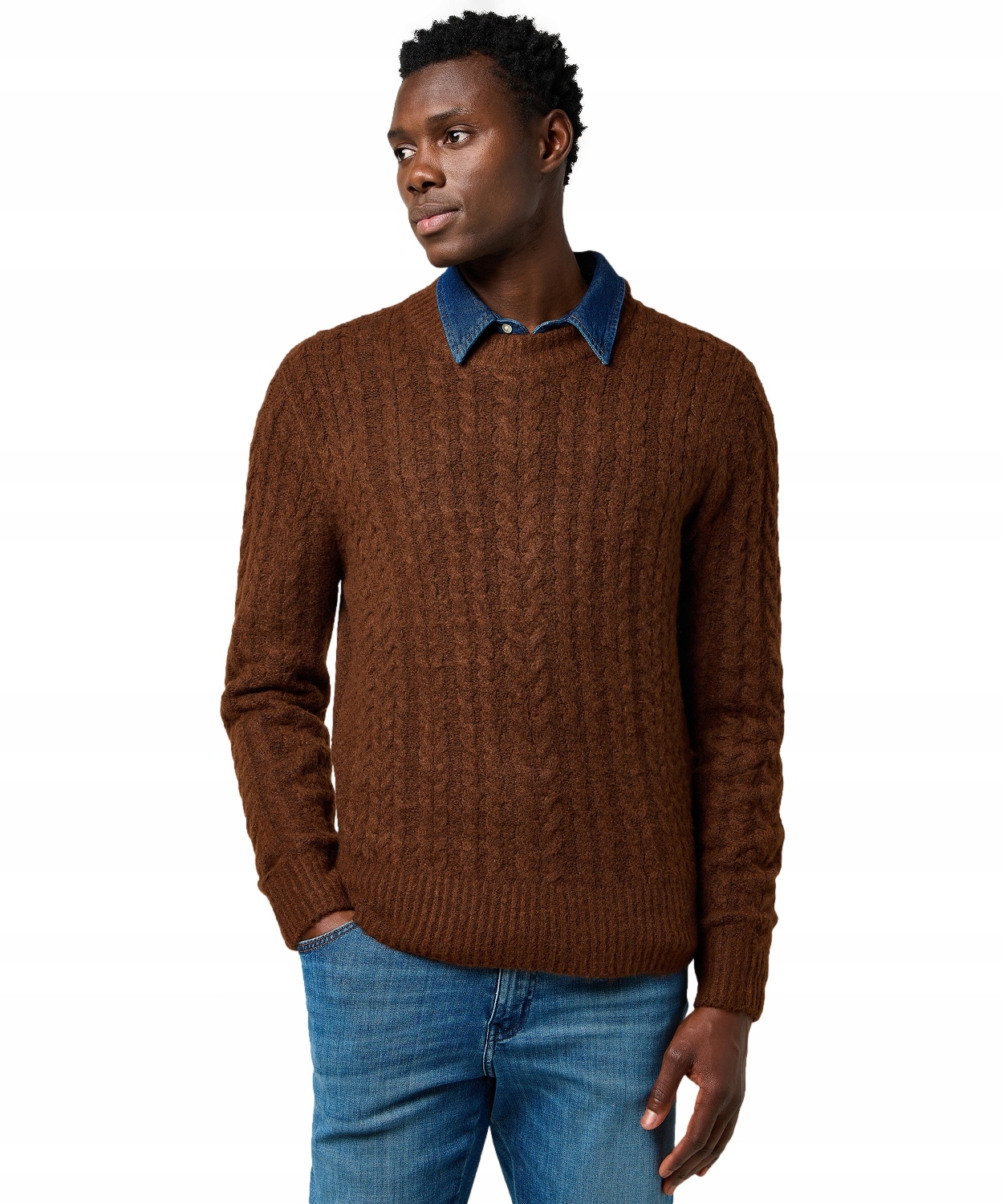 Svetr Wrangler Cable Knit Sweater 112371665 Mahogany Heather L