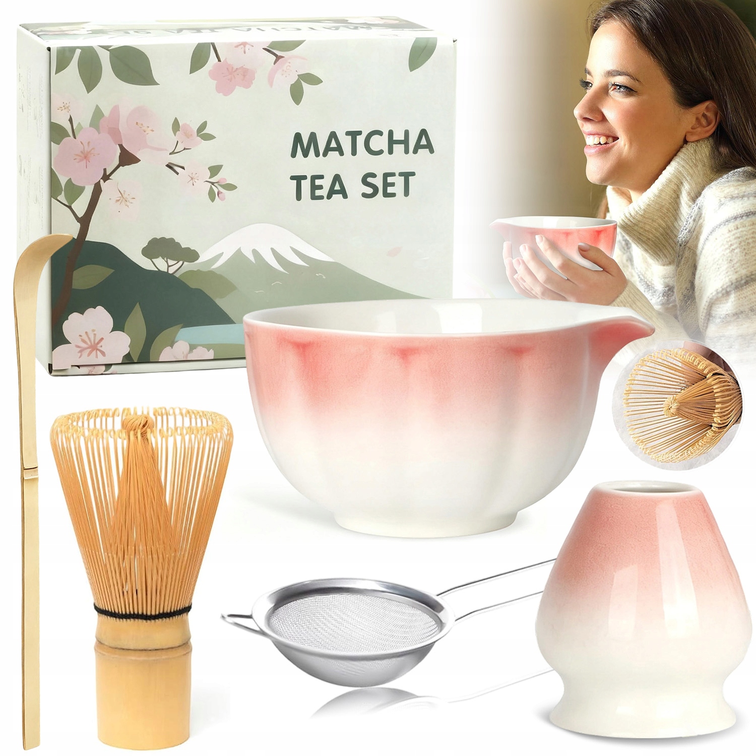 Levně Bambusový Dárková Sada Na Čaj Matchy S Keramickou Miskou, Růžový