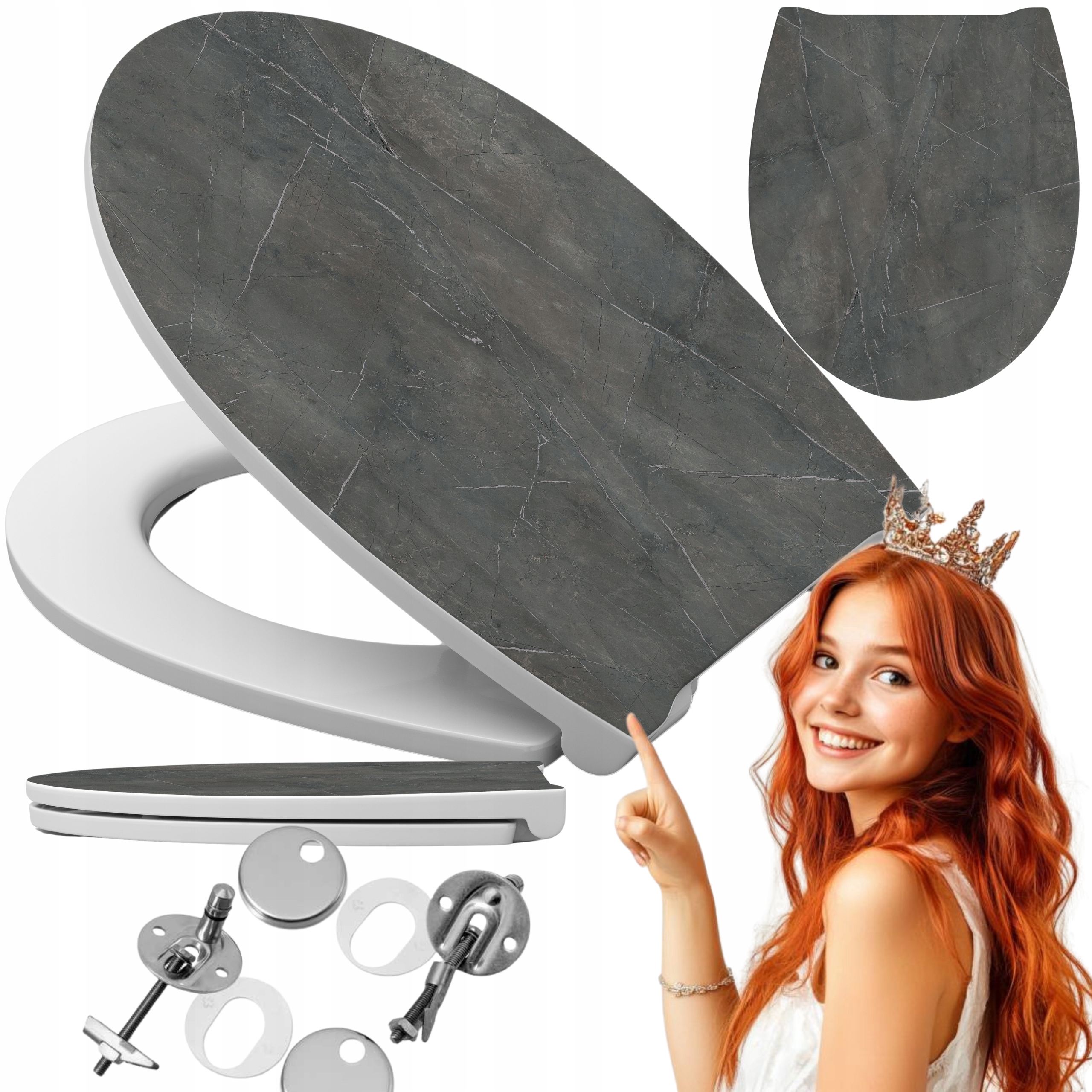 Wc sedátko s pomalým sklápěním, nastavitelné, šedý mramor grafit, univerzální