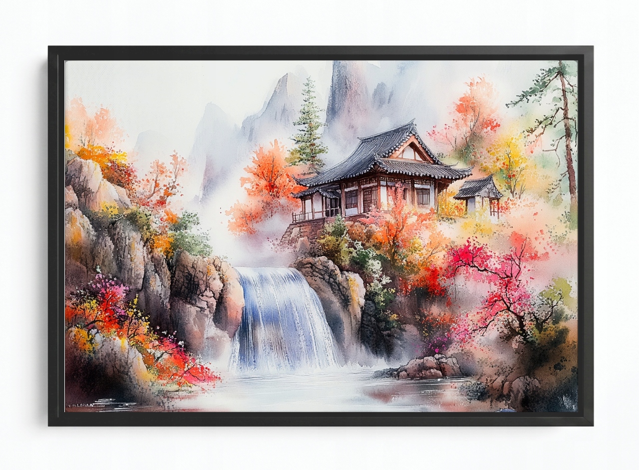 Obraz Rám Americký Box Krajina Orientál Asie Japonsko Hory Vodopád Dům 120x80