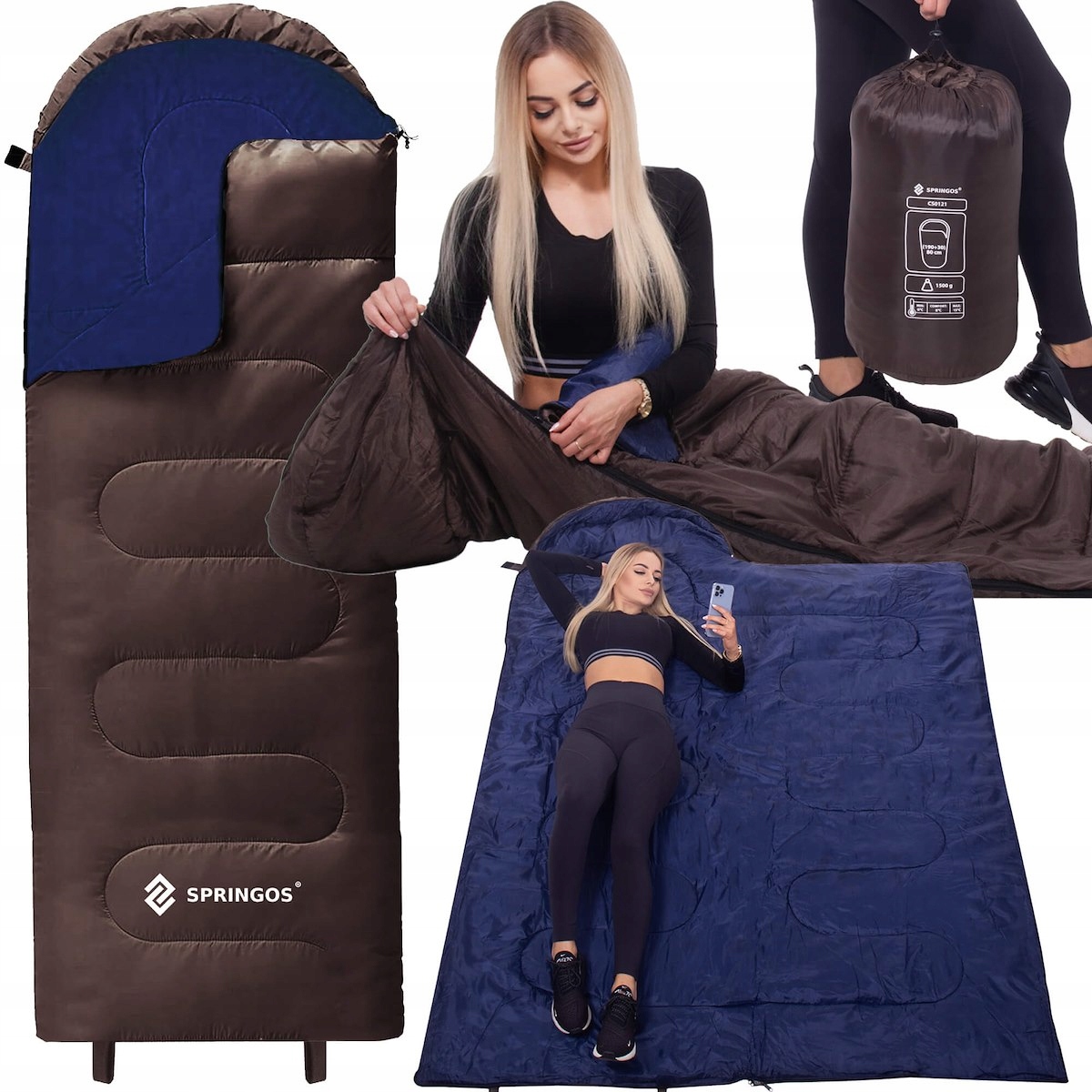 ŚPIWÓR MUMIA TURYSTYCZNY LEKKI CIEPŁY KOŁDRA KAPTUR 2w1 POKROWIEC 220x80 cm Marka Springos