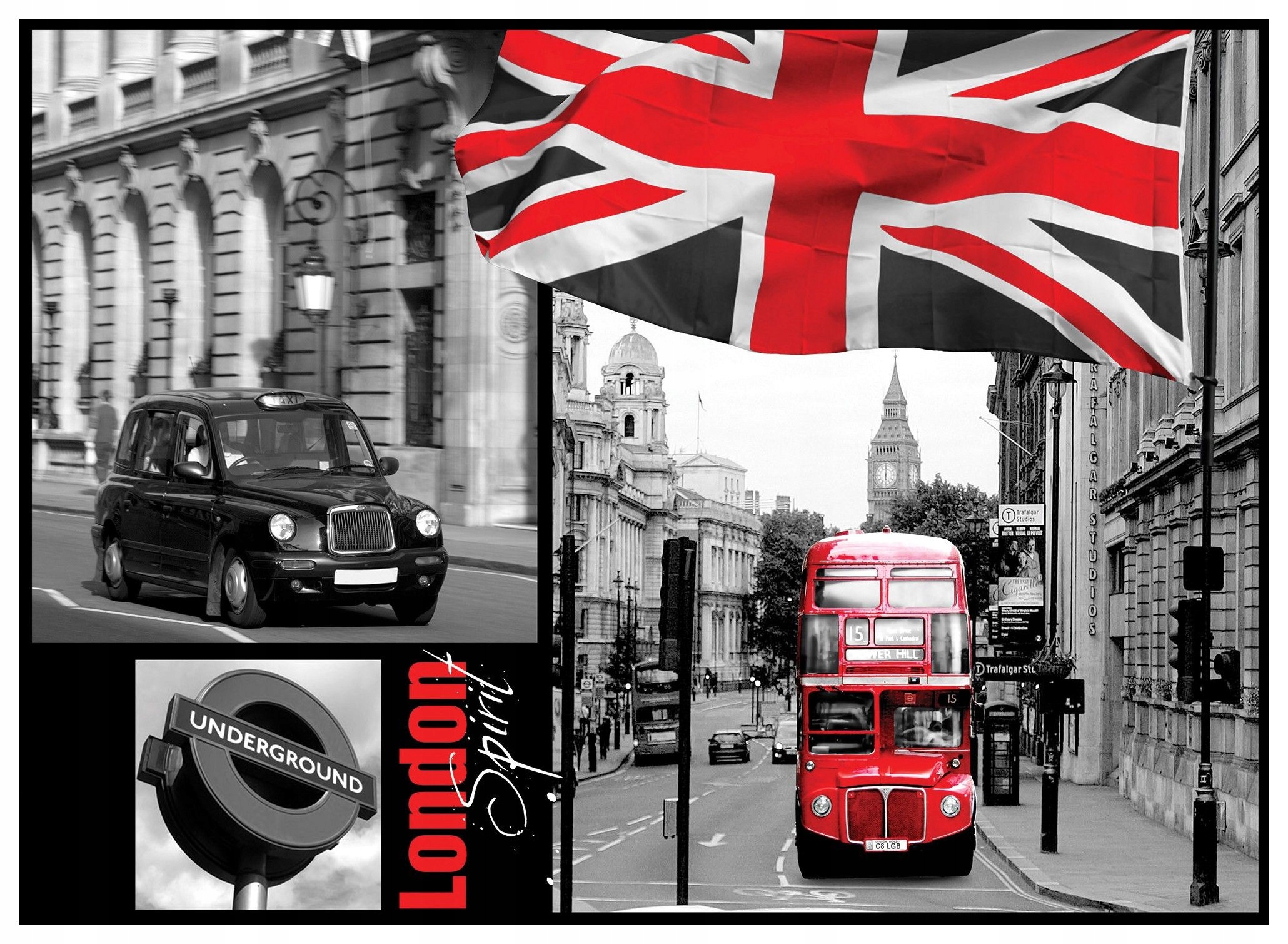 Fototapeta Londýn Taxi Big Ben Vlajka Metro Styl Černobílá 416x254 lepidlo