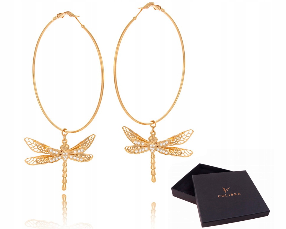 Velké Náušnice zlatá kolečka s vážkami Colibra pozlacené 24k Lehké