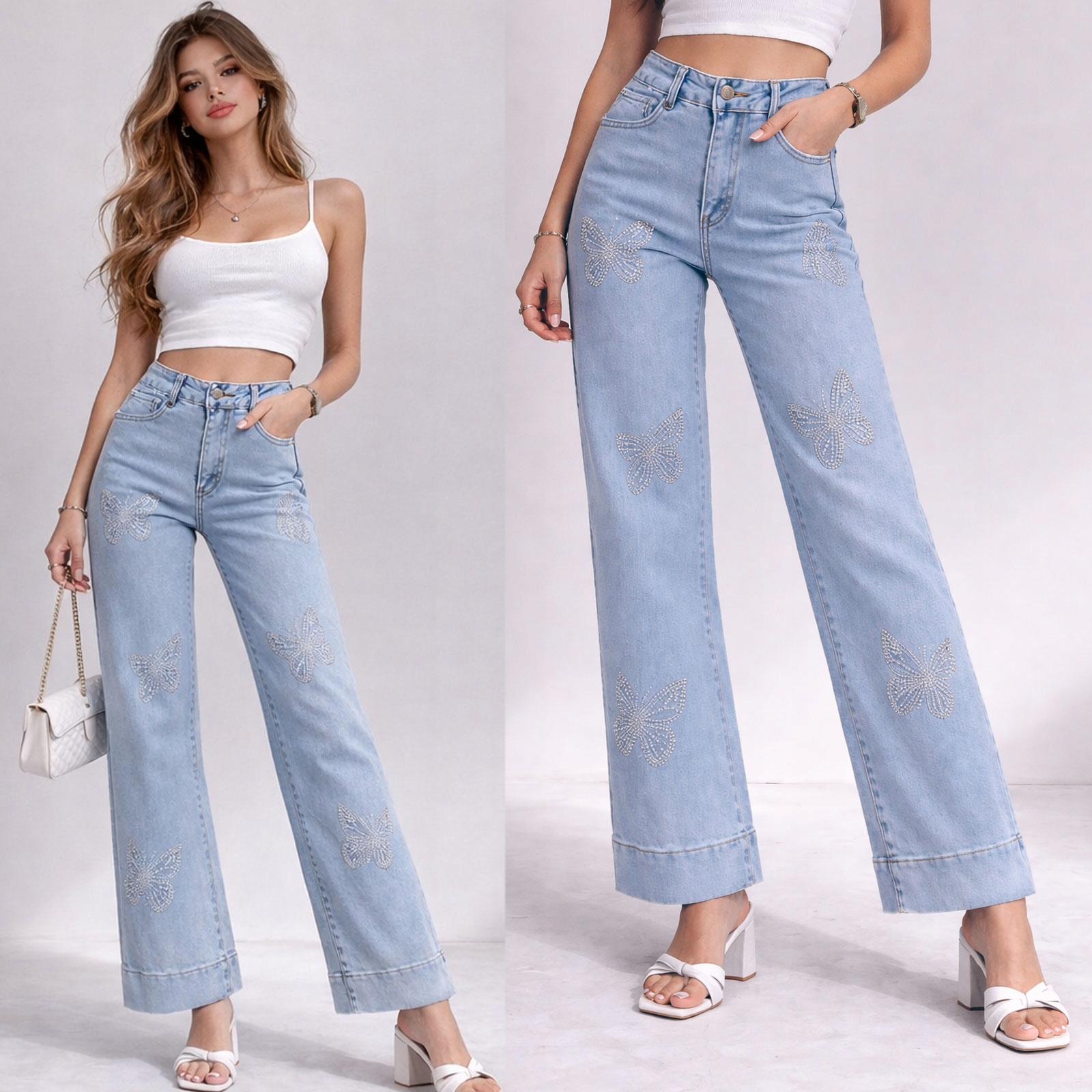 Jeansy Damskie Spodnie Szerokie Wysoki Stan Cyrkonie Motyle Niebieskie L