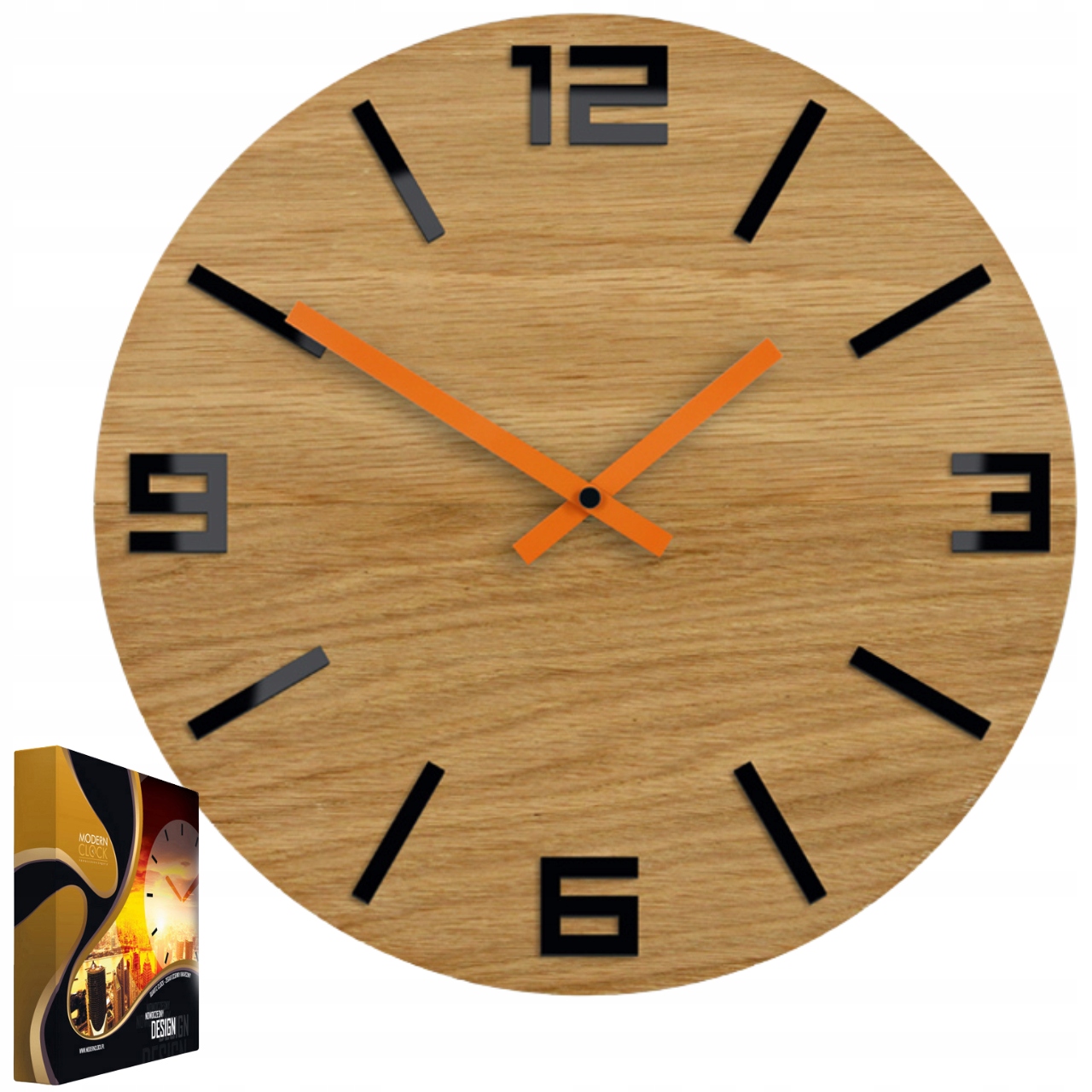 Akrylové nástěnné hodiny Dubové dřevěné Arabic Wood Black&Orange Kulatý