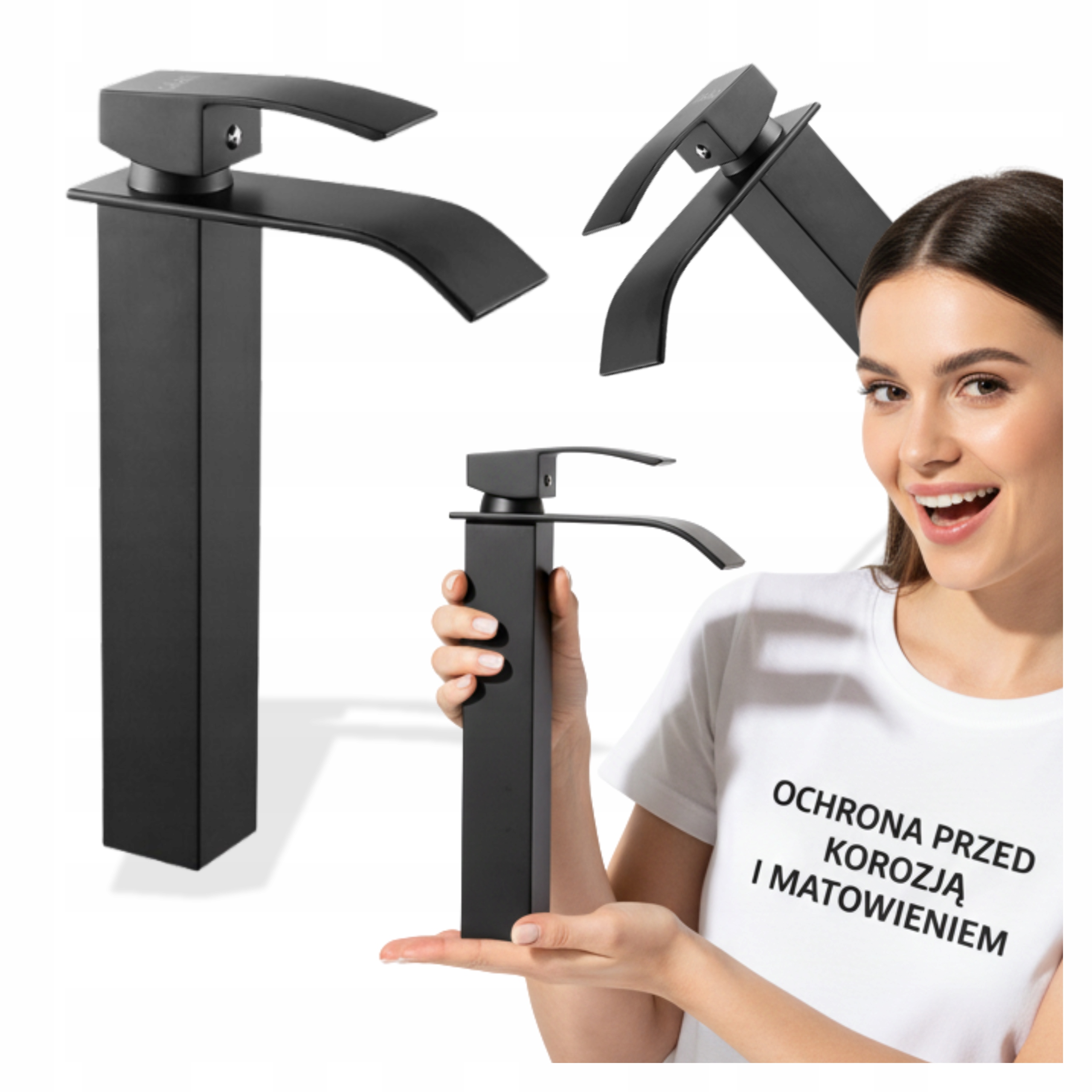 Wysoka czarna bateria umywalkowa typu wodospad (model premium)