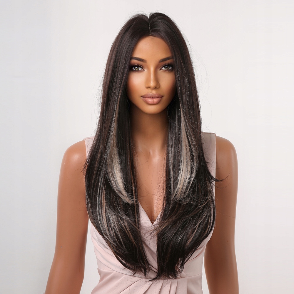 Extra dlouhá hnědá paruka s blond melírem Bright