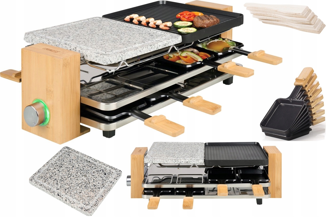 Oboustranný Raclette Gril Kámen 8 Patelek termostat Bambusové Pouzdro