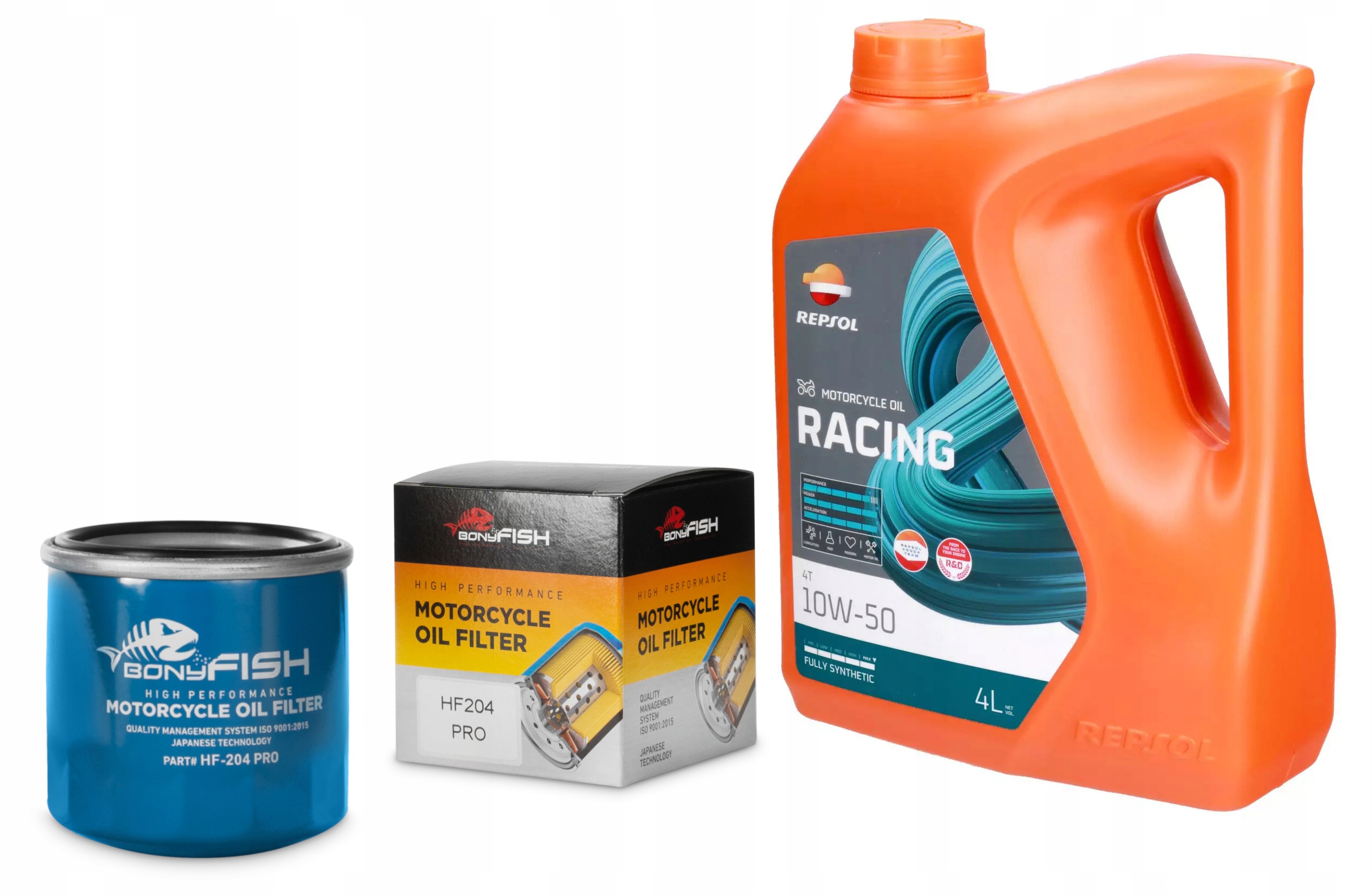 Olej Repsol Racing 10W50 4L MA2 Syntetický 4T olejový filtr BonyFish HF204