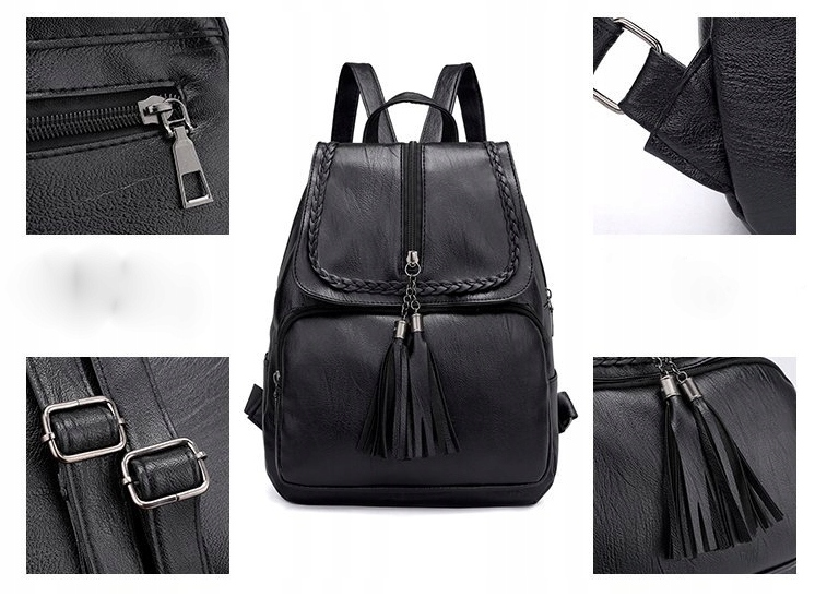 PLECAK DAMSKI SKÓRZANY CZARNY VINTAGE RETRO Z KLAPĄ FRĘDZEL STYLOWY MIEJSKI Wielkość mała (nie mieszcząca A4)