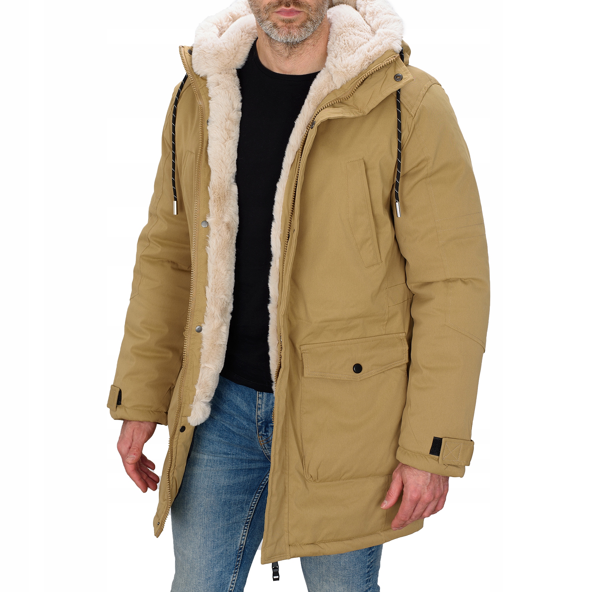 M120-62 r. L MĘSKA ZIMOWA KURTKA PIKOWANA PARKA FUTRO DŁUGA Długość do połowy uda