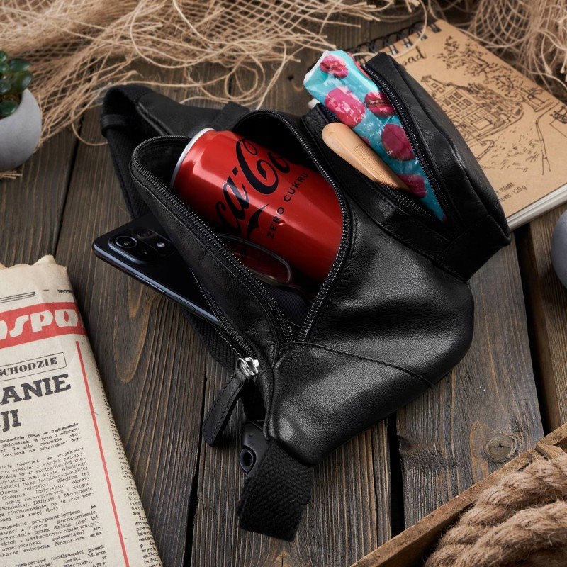 CZARNA SASZETKA NERKA UNISEX SKÓRA NA BIODRO RAMIĘ Model IN-50