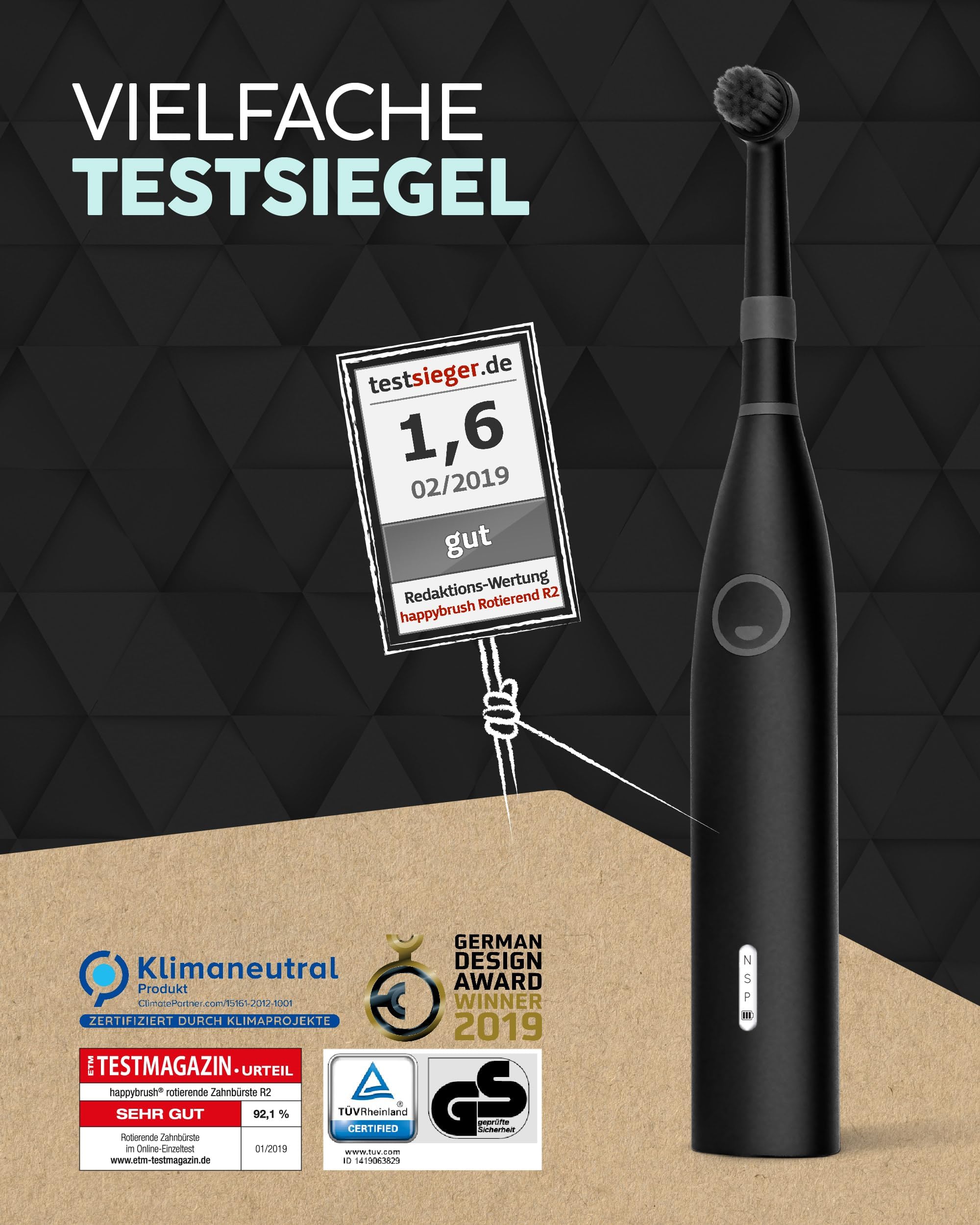 HAPPYBRUSH Szczoteczka Elektryczna Eco R2 Z Akumulatorem 3 Końcówki — miniatura 2