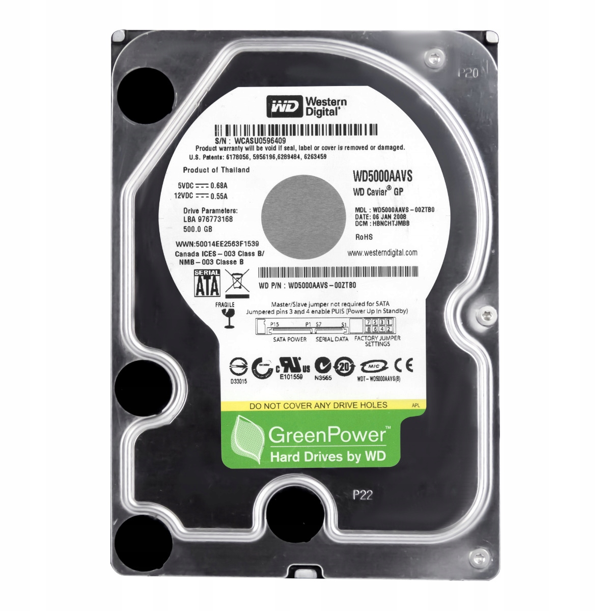 Wd Caviar Gp 500GB 7.2K 8MB Sata II 3.5'' WD5000AAVS