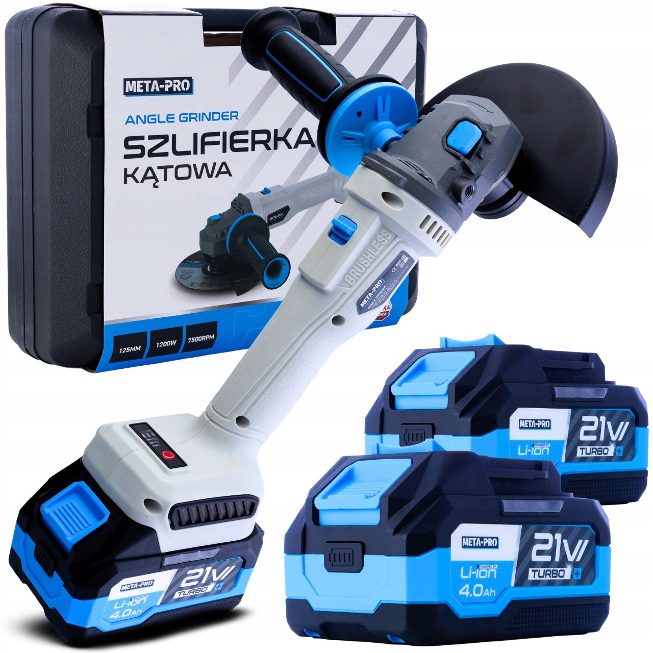 Szlifierka Kątowa Akumulatorowa 21V 1200W 2x 4Ah Bezszczotkowa Meta-pro