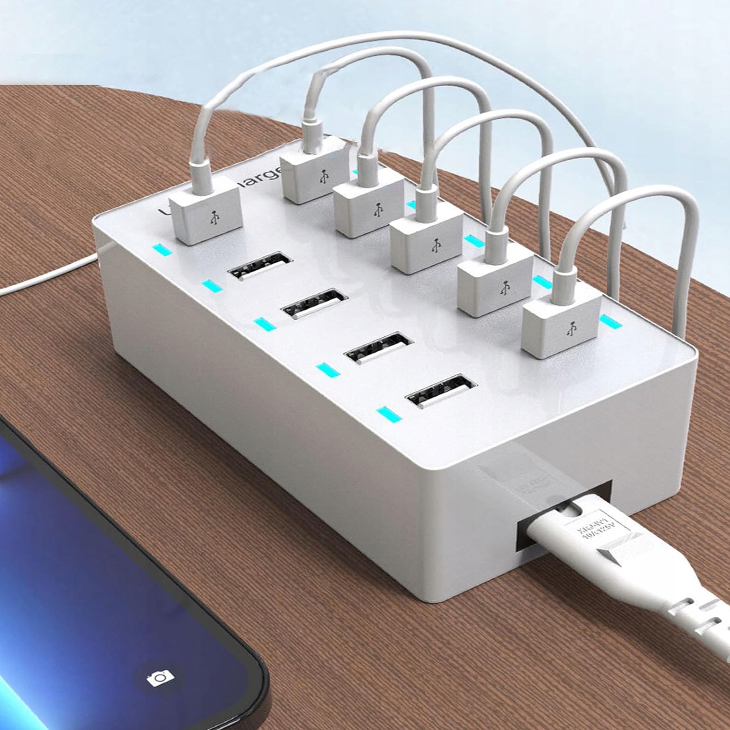 ŁADOWARKA ŚCIENNA USB, WIELOPORTOWA, PRZENOŚNA ŁADOWARKA, 10 PORTÓW 50W Kolor biały