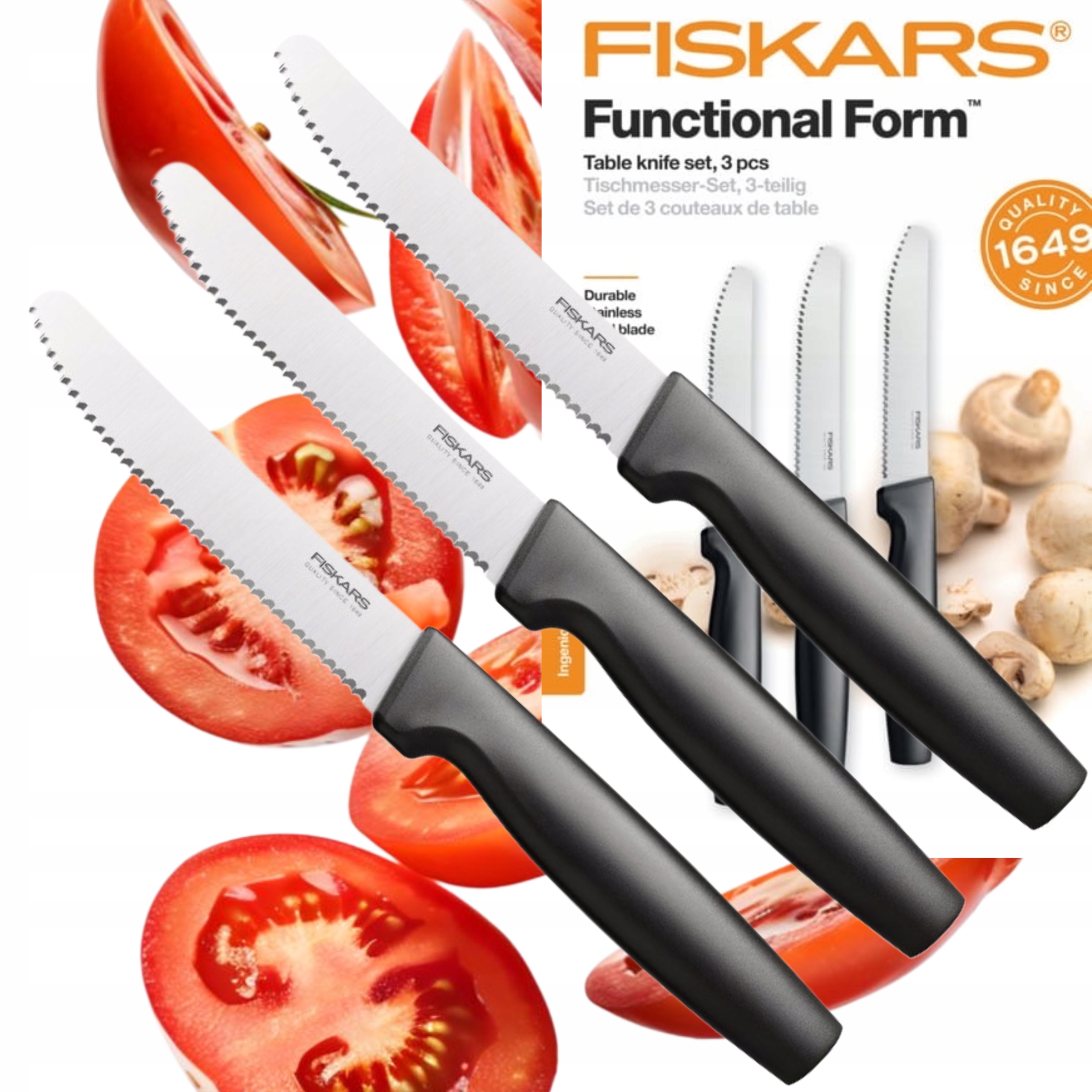 FISKARS KOMPLET 3 NOŻY Z ZĄBKAMI ZESTAW DO KROJENIA POMIDORÓW MIĘSA WARZYW