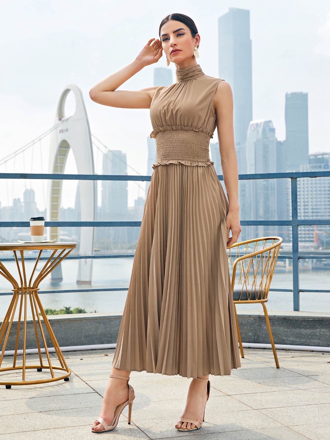 Šaty Elegantní Se Stojáčkem Plisovaná Nařasená Maxi Khaki Shein XXL 44