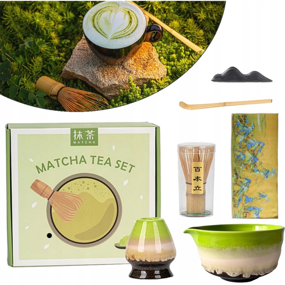 Levně Keramická Sada Pro Matcha 6 Dílů Bambusová Miska S Vyrážkou