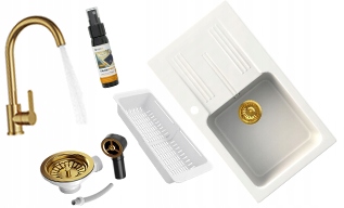 Dřez Bílé Ada Granitové Jednokomorové Dřezové Baterie Sifon Zlatý