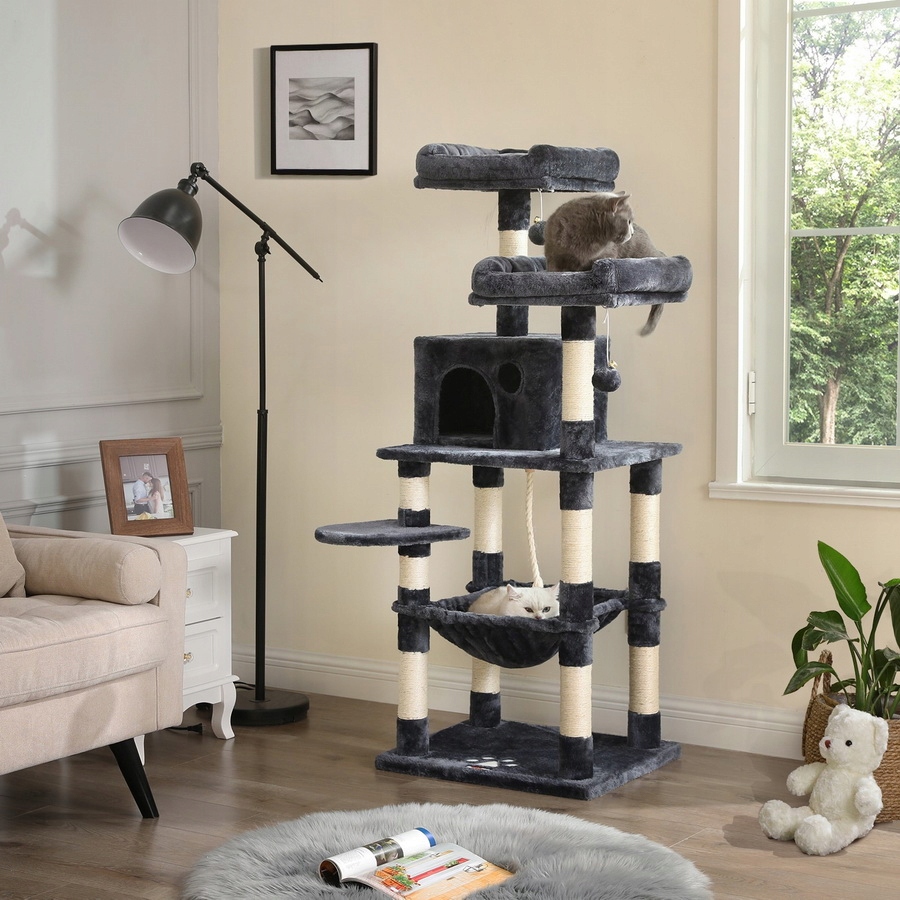 Drapak Pro Kočky Černý Domeček Budka Dřevo Věž XXL 143 cm