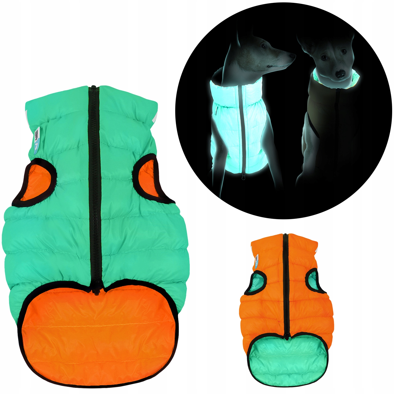 Levně Bunda pro psa oboustranná, svítící, světle zelená-oranžová, L/XL (L55)