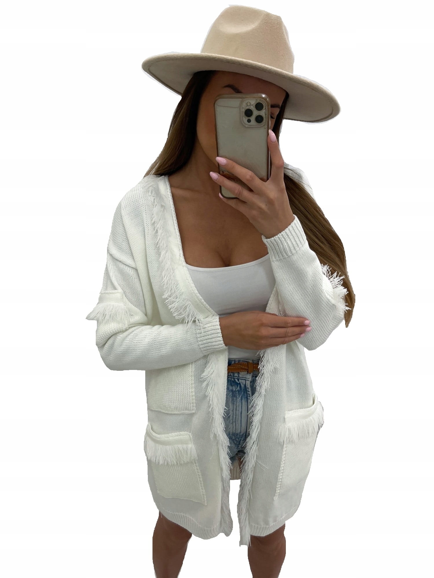 

Kardigan z kieszeniami i frędzlami biały Tmc Moda