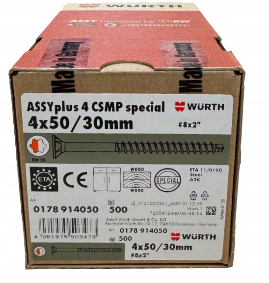 Wkręty 4x50 Assy Plus Wurth konfirmanty do drewna 500szt. +bit