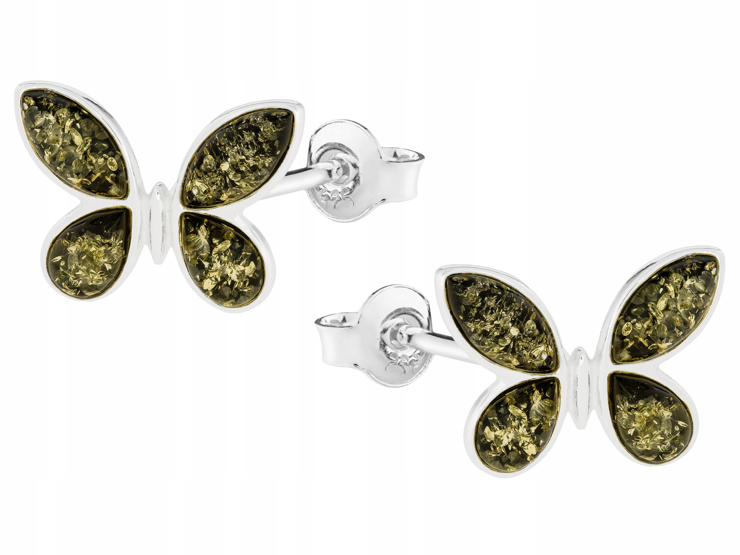 Stříbrné Náušnice Motýlci se Zeleným Jantarem Velké Motýlí Puzety Stříbro