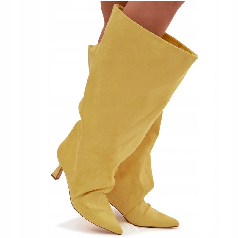 Dámské Kozačky Eko Semiš Podpatek Široký Svršek Nazouvací Žluté 37