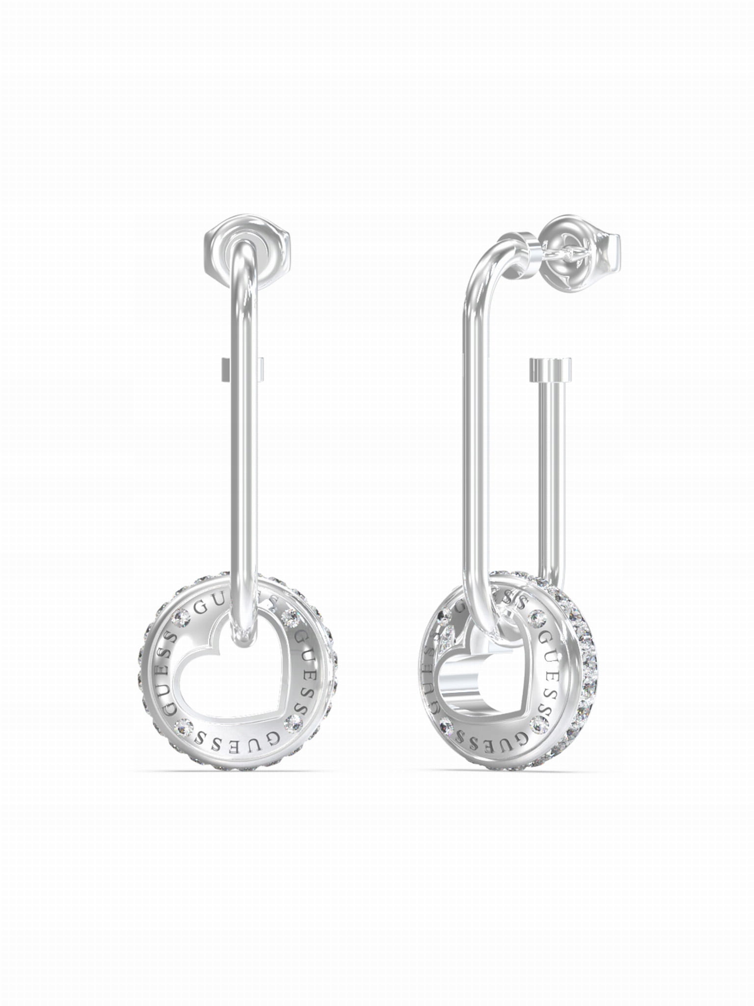 Náušnice Guess Rooling Hearts Závěsná kolečka srdcem Zirkon Ocel Logo