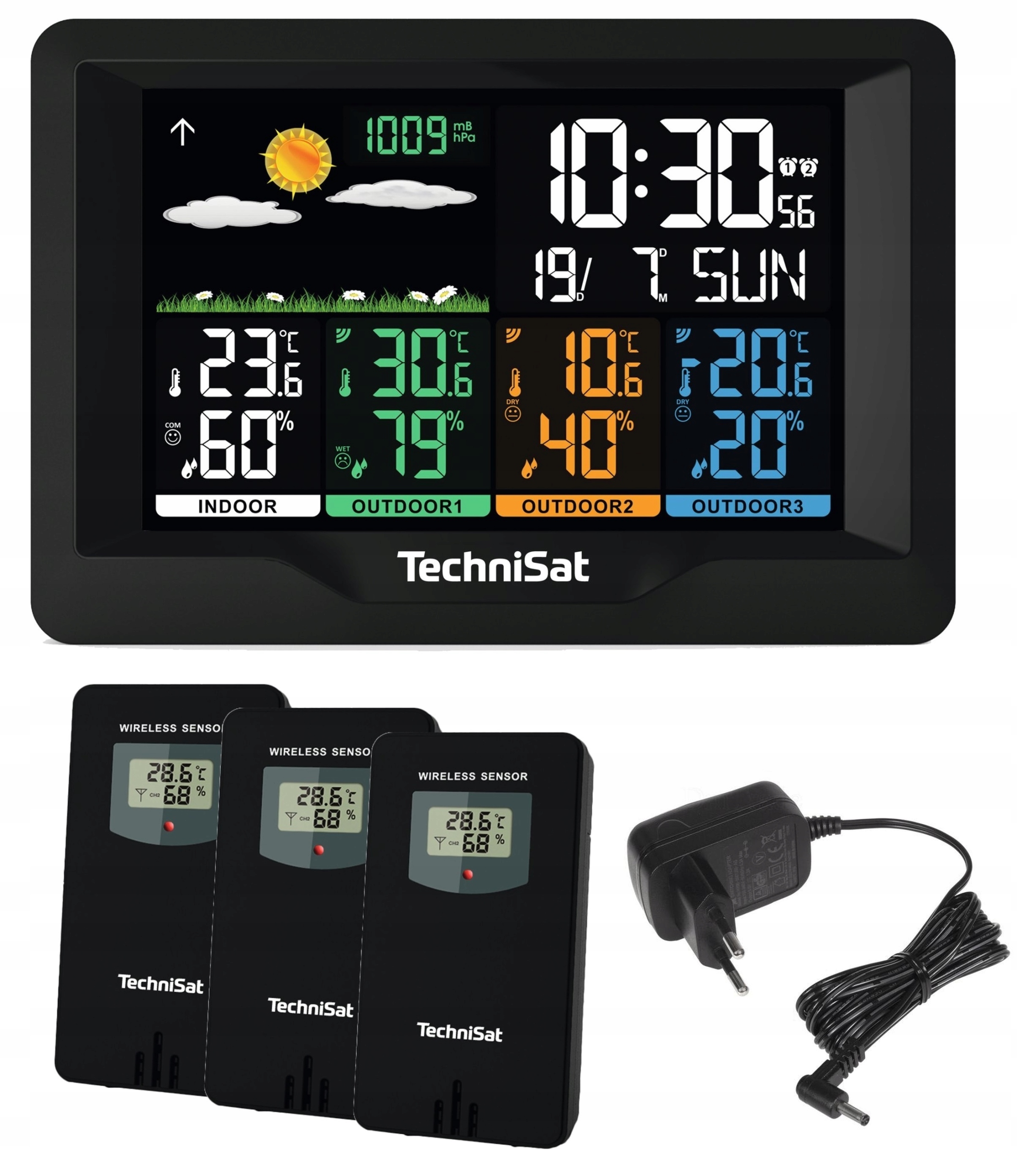 Stanice Počasí teploměr 3 venkovní senzory hodiny Dcf TechniSat Imeteo X4