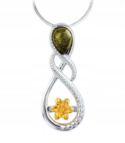 Zlatý Přívěsek se zeleným Jantarovým řetízek stříbro AG925 pozlacený Zlacený