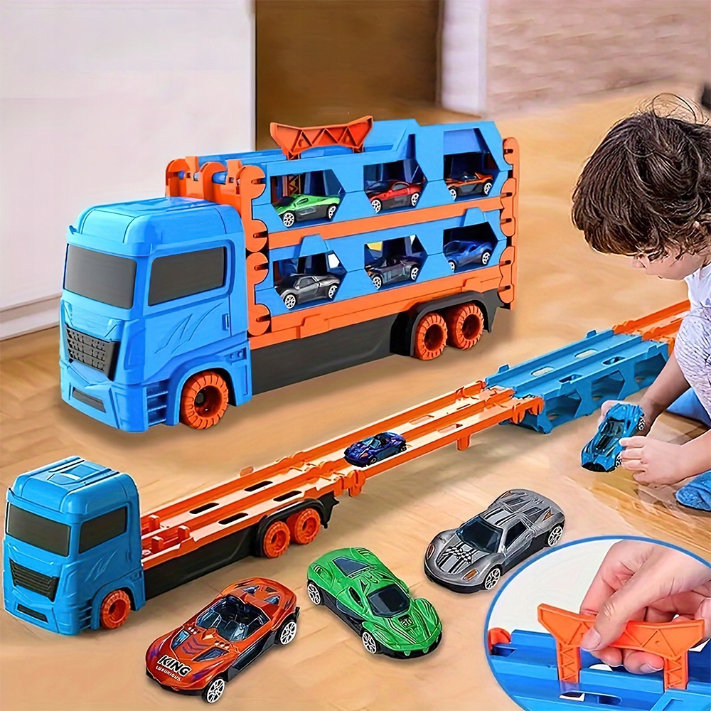 CIĘŻARÓWKA TIR ROZKŁADANA LAWETA TOR SAMOCHODOWY TRANSPORTER + 6 AUTKA Model Laweta Tor Samochodowy