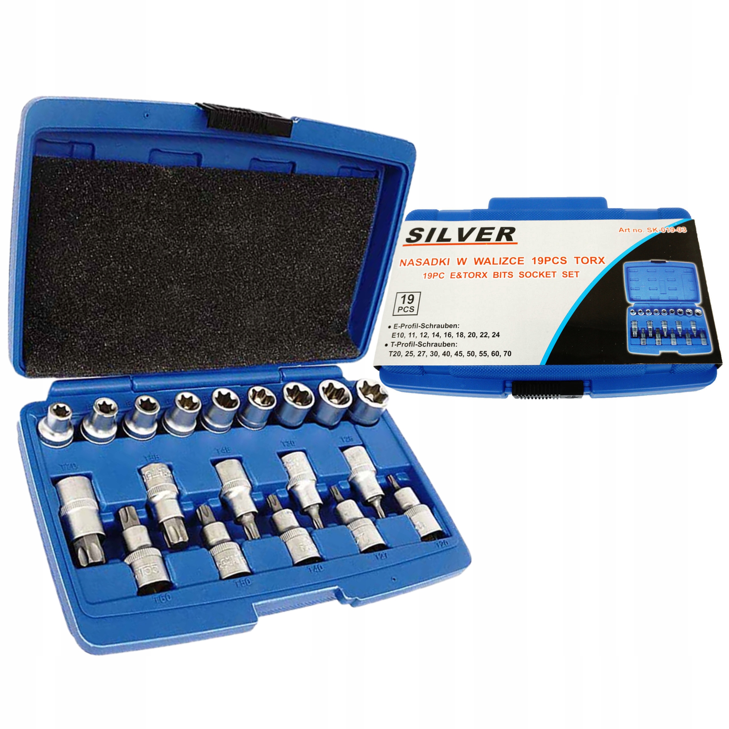 SILVER ZESTAW NASADEK TORX NASADKI KLUCZE NASADOWE E-TORX 1/2 19E SK-019-03