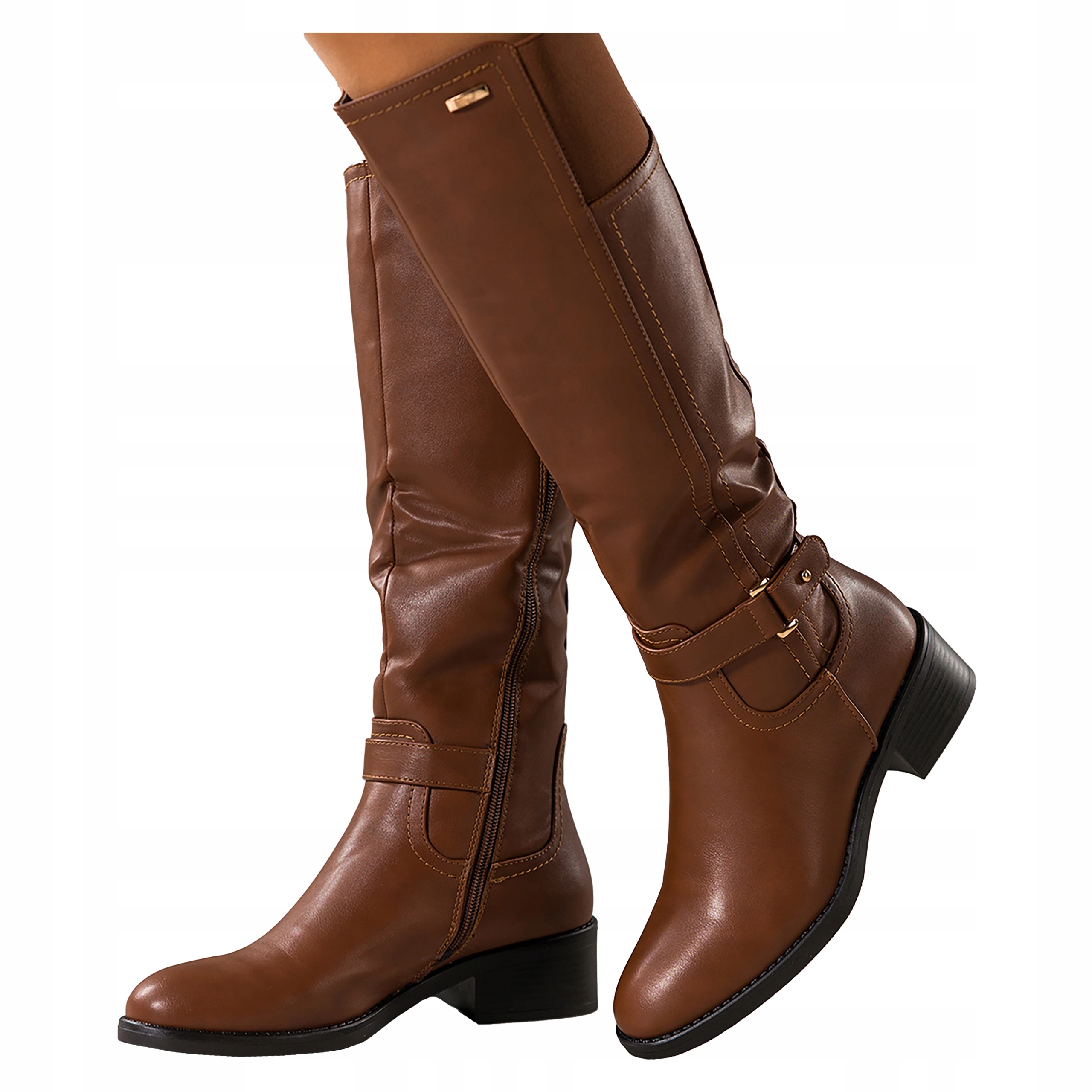 Camelové Kozačky Dámské Pohodlné Nízké Klocek Módní Pásek S Ozdobou r 39