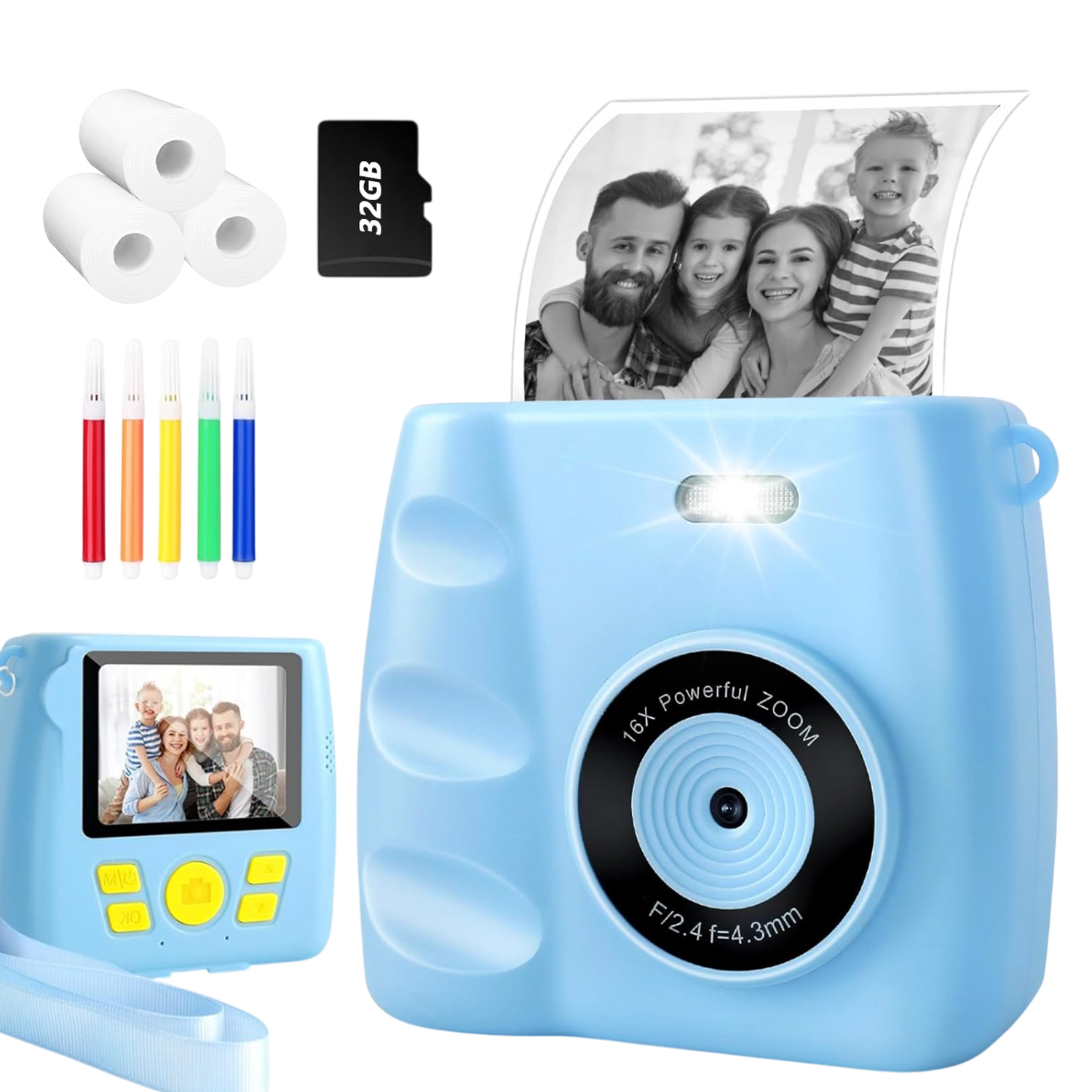 Fotoaparát Pro Děti 30 Mp 1080P Hd S 2.4PALCOVÝM Displejem, 5 Her, 32GB Tiskárna