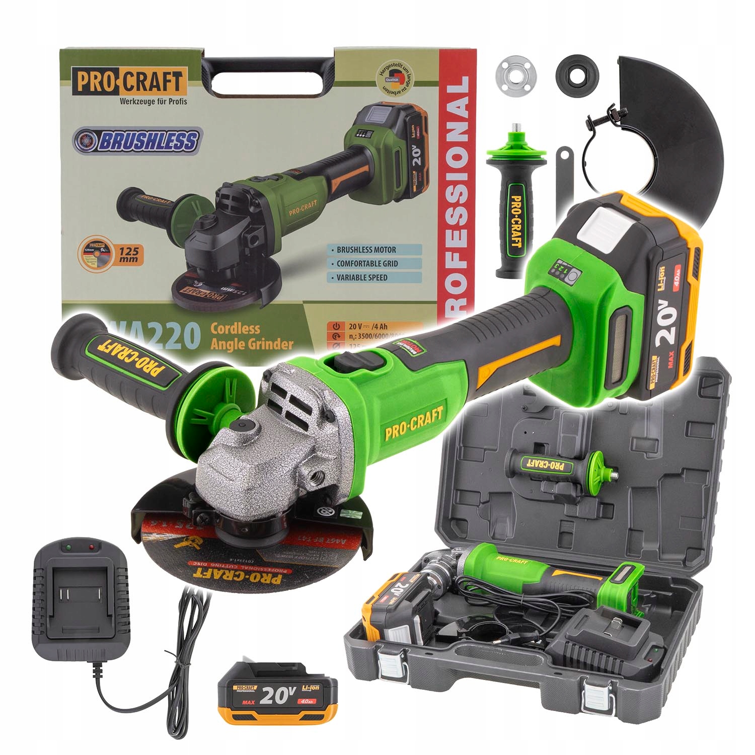 Procraft PWA220 Szlifierka kątowa 125mm regulacja obrotów 20V 4,0Ah walizka