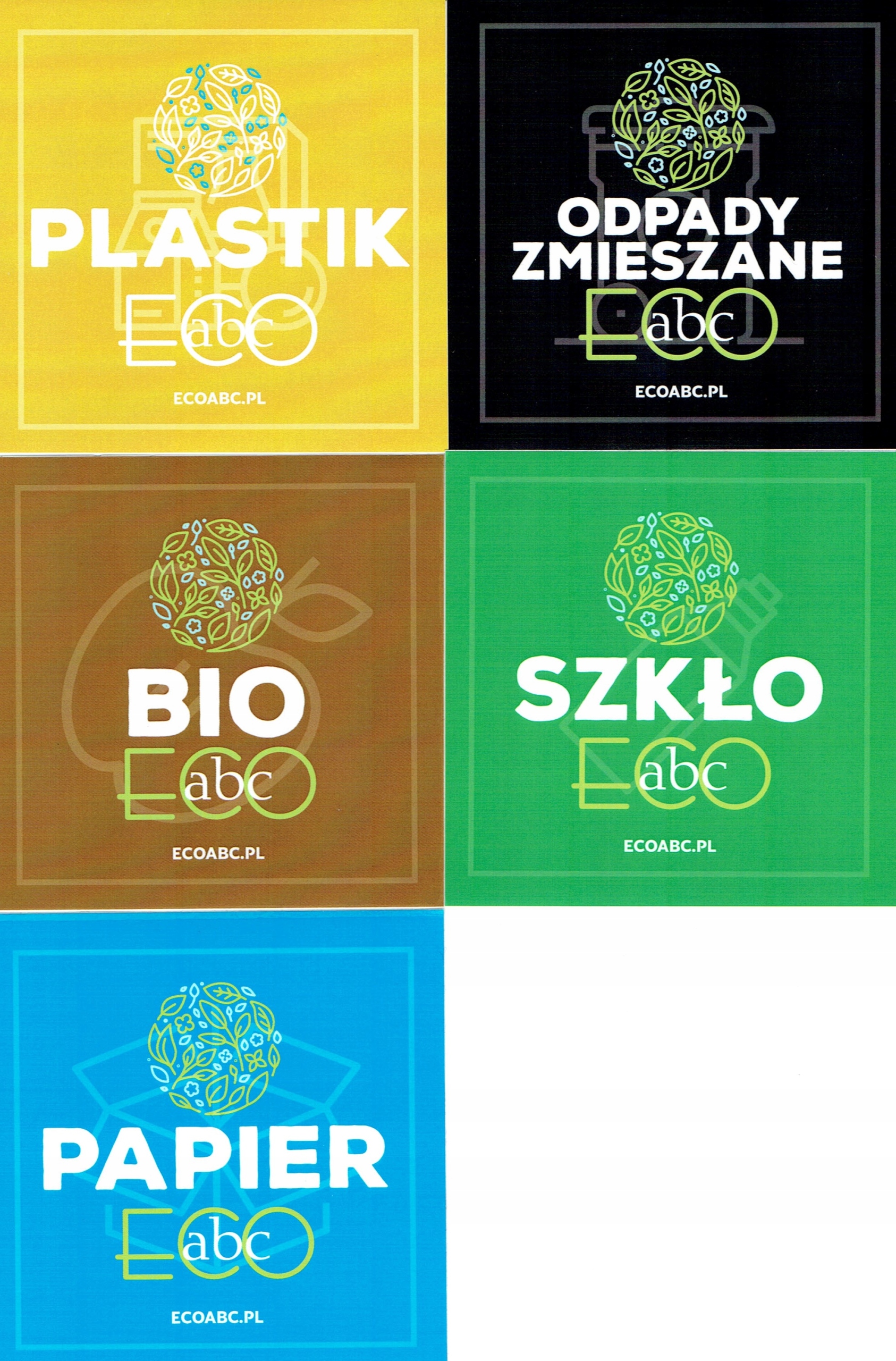 

Zestaw 5 naklejek do segregacji śmieci na kosz 9x9