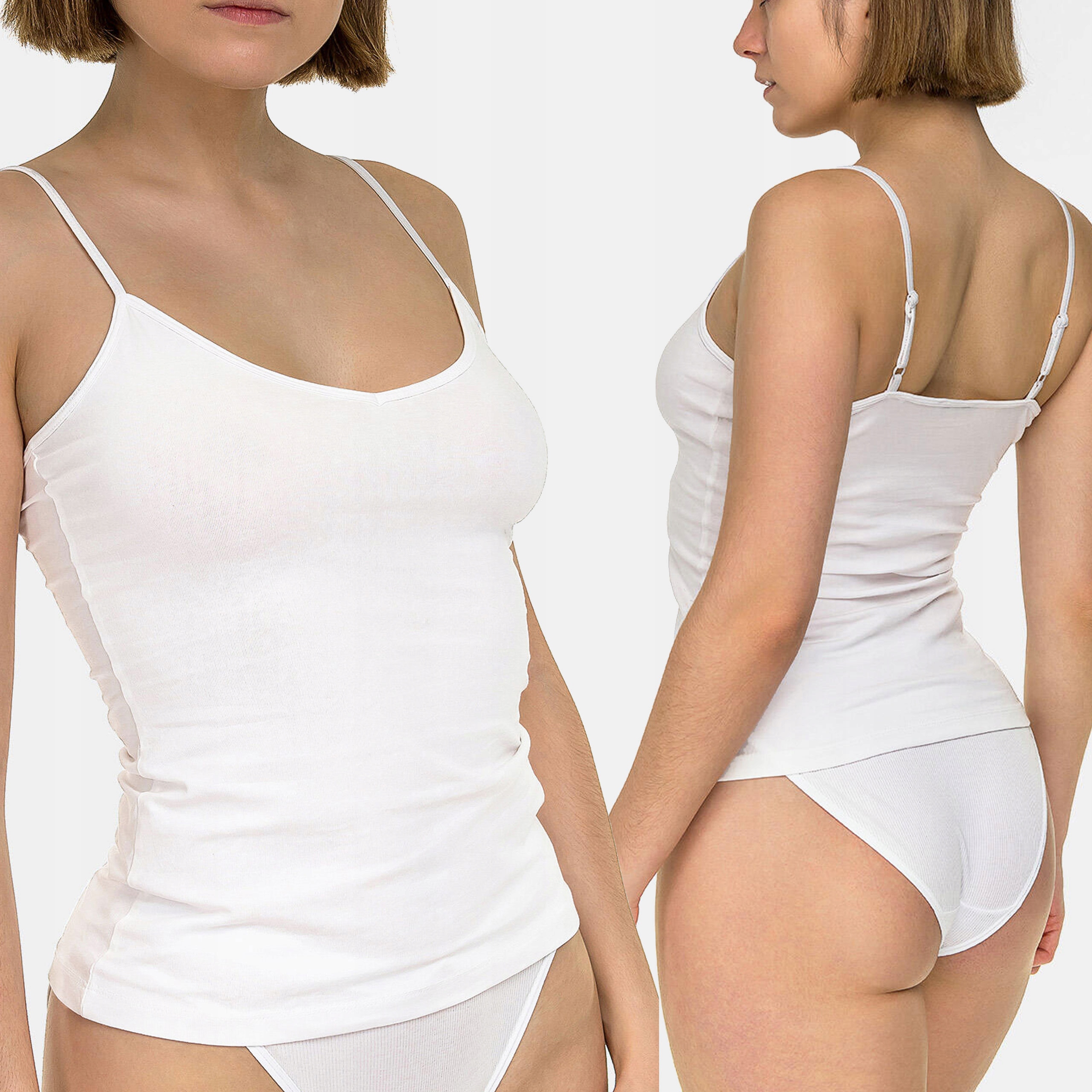 BLUZKA DAMSKA NA RAMIĄCZKACH KOSZULKA TOP GŁADKA BAWEŁNIANA BASIC BIAŁA L