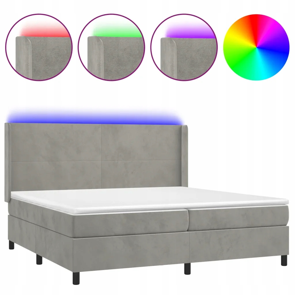 Kontinentální postel s matrací a Led diodami, světle šedá, 203x203x118/128