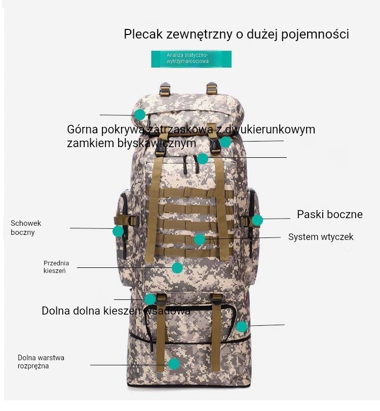 Torba turystyczna o dużej pojemności 100L Kolor dominujący wielokolorowy