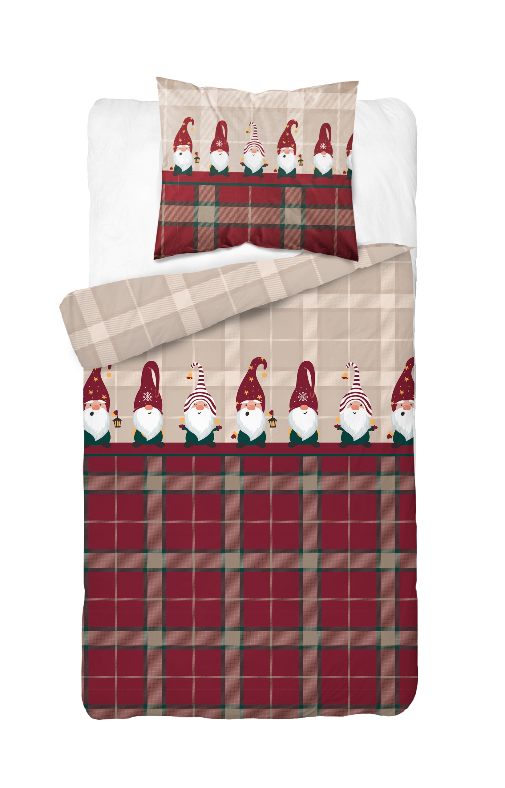 Posteľná Bielizeň 140x200 Vianočné škriatkovia Červená mriežka 100 % Bavlna