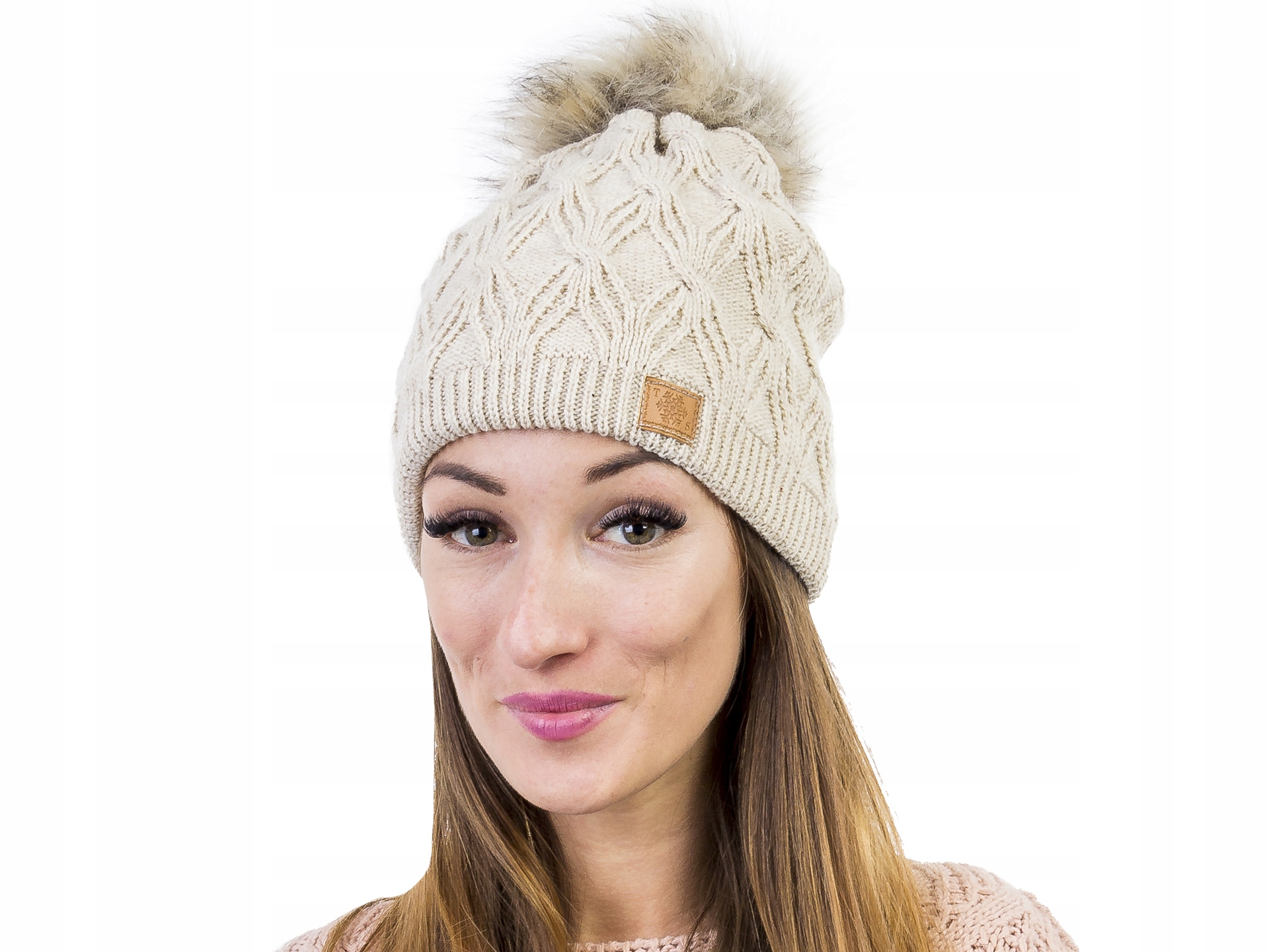 

C253 Zimowa Damska Czapka Pompon Beż