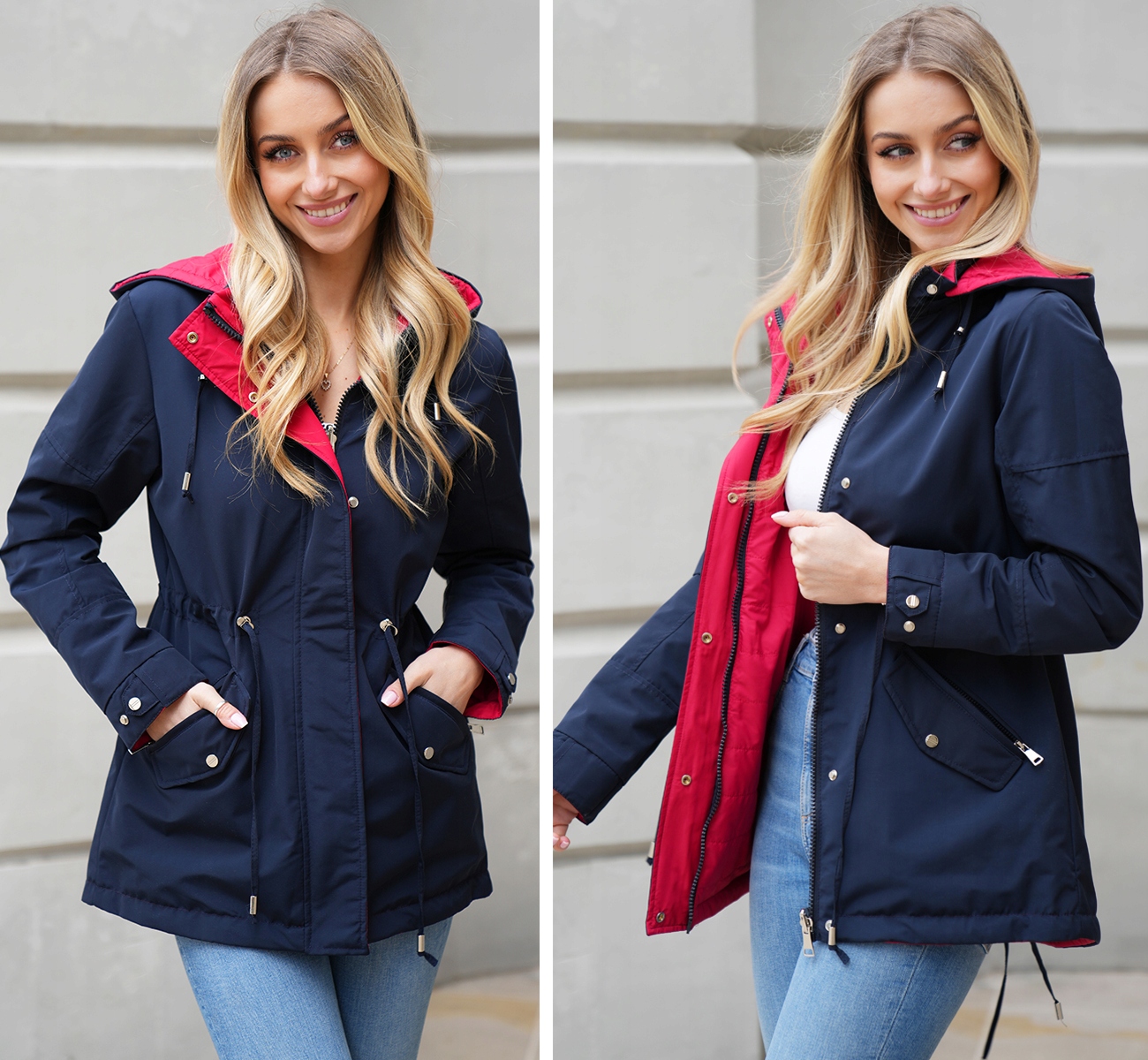 DWUSTRONNA TALIOWANA WIOSENNA Kurtka PARKA Kaptur 3 KOLORY Przejściowa 4XL Rozmiar 4XL