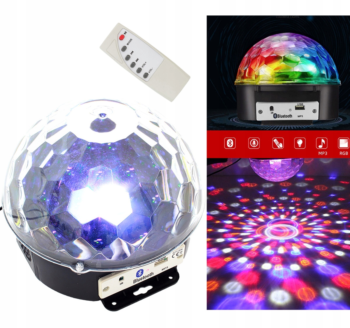 KULA DYSKOTEKOWA DISCO LED RGB MP3 BLUETOOTH BT PILOT IR KARTA SD USB ZS39A
