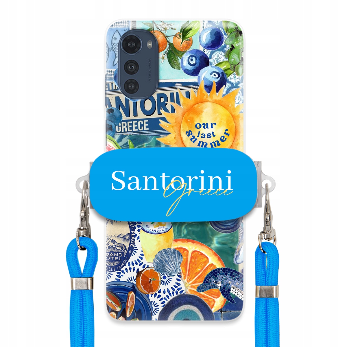 Puzdro pre Motorola E32s Modrá Crossbody šnúra držiak Santorini Greece